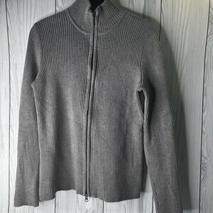 Eddie Bauer Women Soft Gray Knit Full Zip Ribbed Sweater Medium y2K